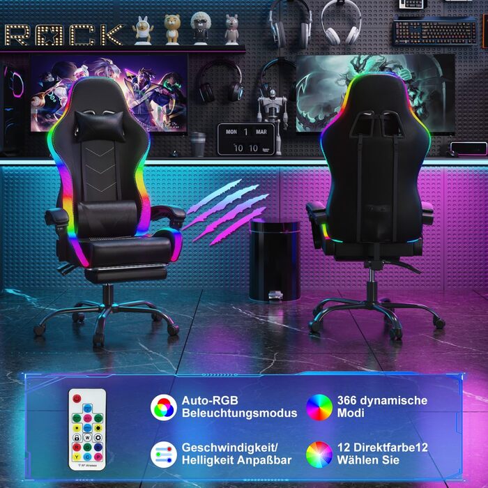 Ігрове крісло Devoko LED з масажем, комп'ютерне крісло з масажною подушкою для попереку, гоночне геймерське крісло ергономічне з р