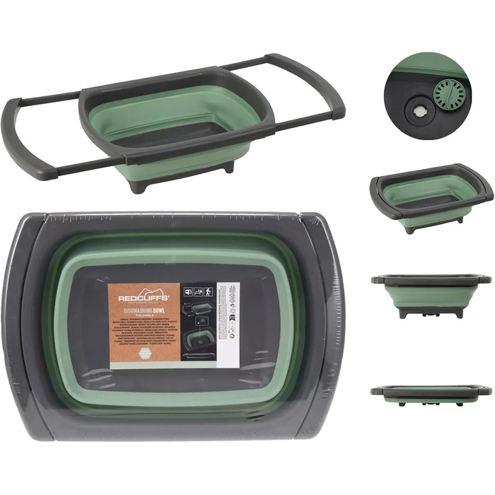 Складана раковина Tool & Tree зеленого кольору Кемпінгова раковина зі зливом, нековзними ніжками та висувними ручками Компактна, міцна раковина для використання на свіжому повітрі, подорожей, кухні для автофургонів та кемпінгу