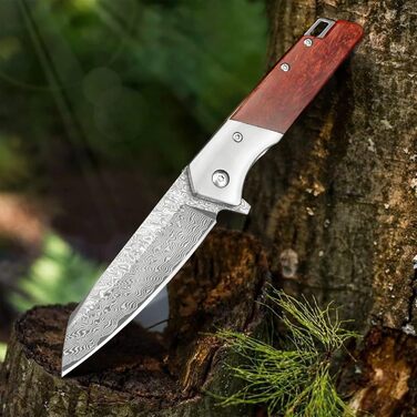 Кишеньковий дамаський ніж складаний ніж з затискачем для ременя, гострий одноручний ніж з лезом з дамаської сталі, дерев'яна ручка