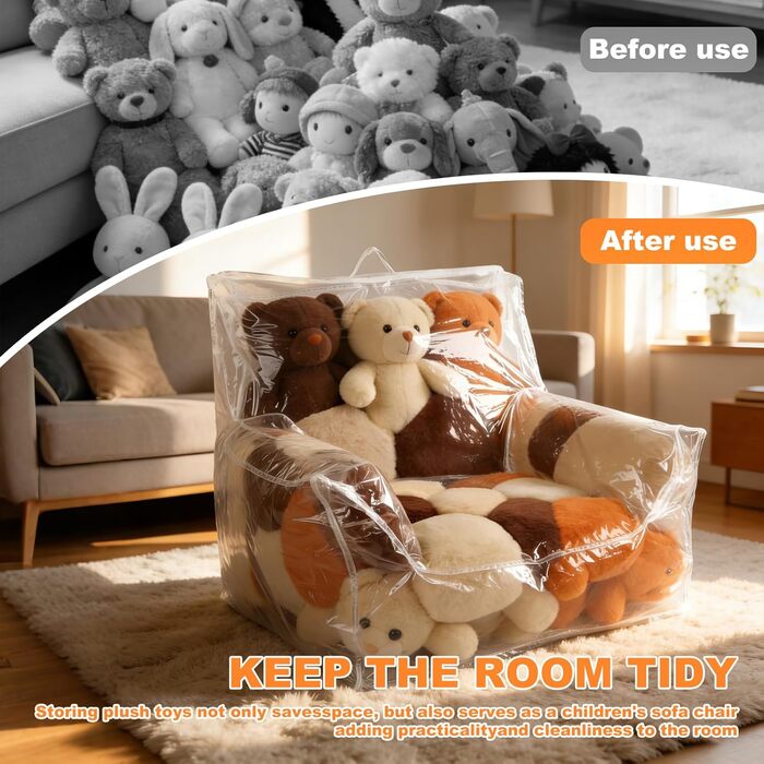 Дитяче плюшеве крісло для зберігання іграшок, дитяче крісло для малюків, прозоре м&39яке крісло-мішок з м&39якою іграшкою, чохол для крісла-мішка з ПВХ, крісло-мішок для дитячої кімнати, вітальні, ігрової кімнати, класу