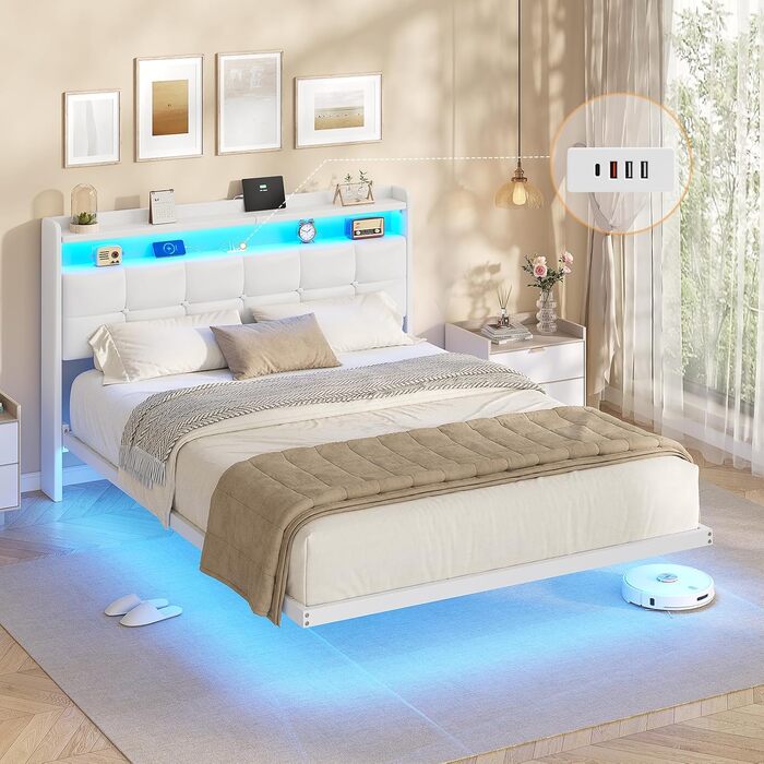 М&39яке ліжко 140x200 см, Ліжко 140 x 200 зі світлодіодним освітленням та зарядною станцією, Каркас ліжка з узголів&39ям, Каркас двоспального ліжка Плаваючий каркас ліжка, Металеве ліжко, ПУ, Сучасне, Біле (без матраца) 140 x 200 см Білий