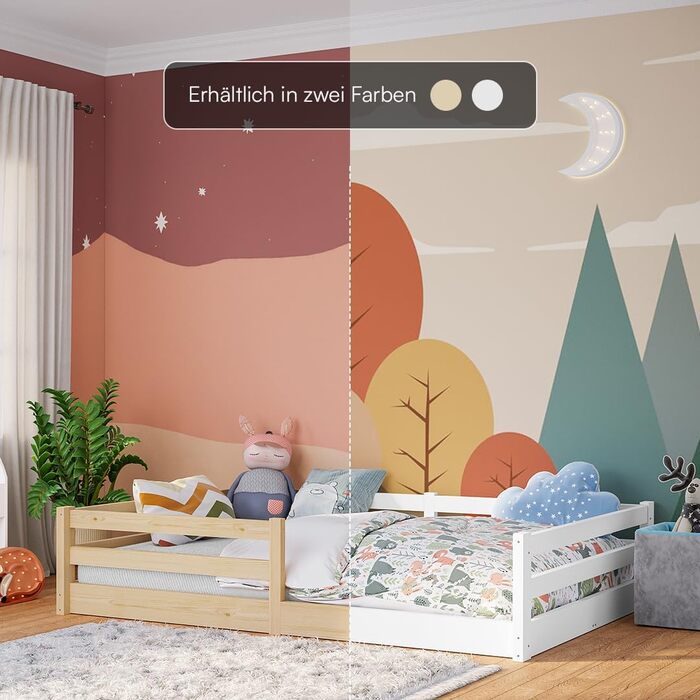 Ліжко Bellabino Iskri на підлозі 140x200 см Дитяче ліжко Монтессорі із захистом від падіння та рейковою основою Дерев&39яне ліжко для хлопчиків та дівчаток з масиву сосни натурального кольору Дитяче ліжко натурального кольору 140x200 см без матраца