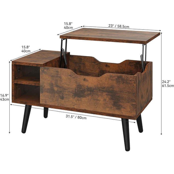 Журнальний столик YITAHOME з підйомною стільницею та прихованим відділенням, регульована полиця, пружинний підйомник, журнальний столик із місцем для зберігання для вітальні, 80 x 40 x 61,5 см, вінтажний коричневий
