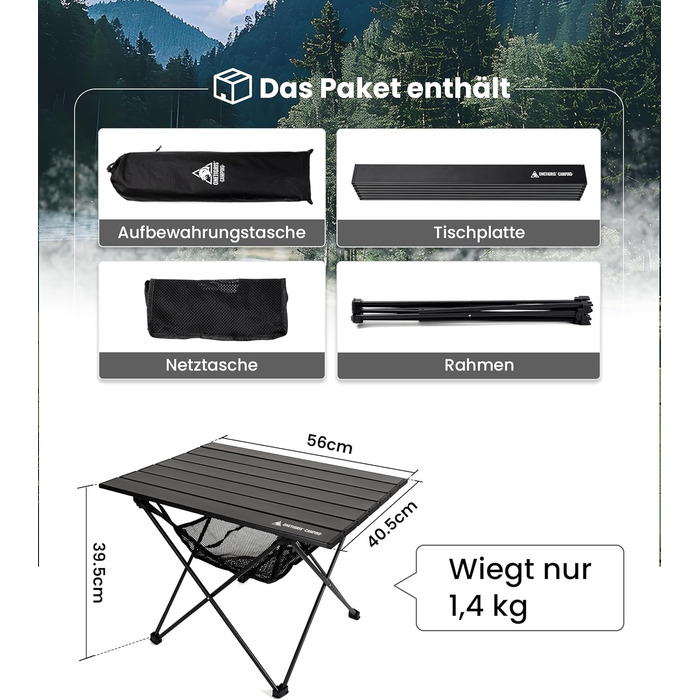 Стіл для кемпінгу OneTigris SWIFLY, алюмінієвий, складаний, маленький розкладний стіл, надлегкий портативний вуличний стіл, складний стіл, вантажопідйомність до 30 кг для використання на свіжому повітрі, для походів (56x40,5x39,5 см)