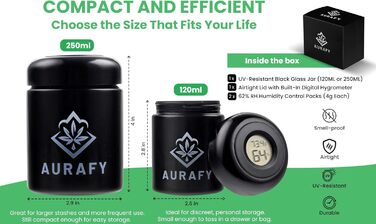 Банка-сховище з кришкою-гігрометром скло, що витримує ультрафіолетове випромінювання, герметичне та стійке до запахів, для зберігання трав і спецій У комплекті 2 пакети з двостороннім контролем вологості 62 відносної вологості (250 мл)