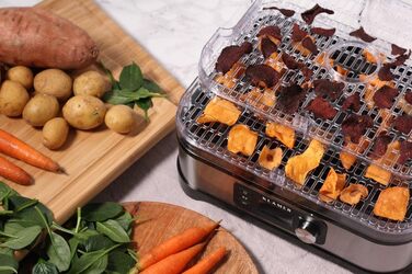 Дегідратор KLAMER 400 Вт, 24-годинний таймер і регулятор температури 35-70C, 5 вставок, що регулюються по висоті, сушарка з облицюванням з нержавіючої сталі, без BPA