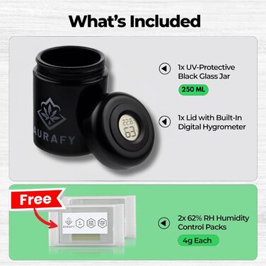 Банка-сховище з кришкою-гігрометром скло, що витримує ультрафіолетове випромінювання, герметичне та стійке до запахів, для зберігання трав і спецій У комплекті 2 пакети з двостороннім контролем вологості 62 відносної вологості (250 мл)