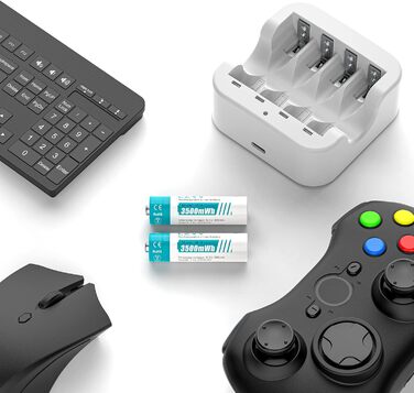 Акумуляторні літієві батарейки типу АА 1,5 В - Висока ємність 3500 мВтгод - 1300 циклів зарядки - 4 шт. з зарядним пристроєм з РК-дисплеєм, швидка зарядка за 2 години, низький саморозряд (білі) 4 шт. зарядний пристрій з РК-дисплеєм, білий