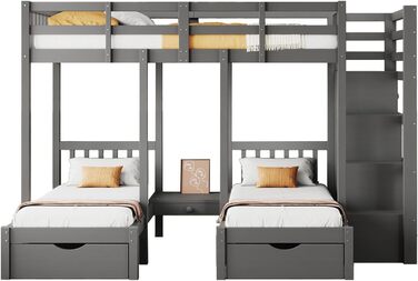 Двоярусне ліжко Billg 200x90 см для 3 дітей, дитяче ліжко із захистом від падіння, ліжко-горище з висувними ящиками, тумбочками і