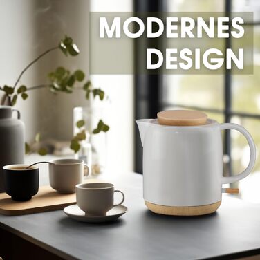 Електричний чайник з кераміки з дерев'яною кришкою, об'ємом 1 літр, білий - Сучасний дизайн. 1200 Вт, 220 В, 50-60 Гц. Чайник елек