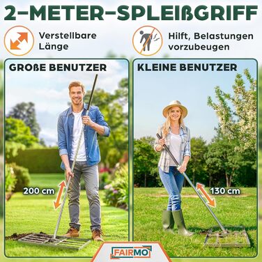 Зручний металевий рівняльник для газону (75x35 см) від Fairmo для насиченого зеленого газону - рівняльник для газону з ручкою 2 метри - інструмент для догляду за газоном з вирівнюючими зубцями - широкий граблі для піскування газону