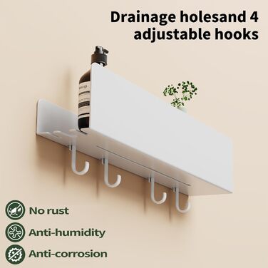 Полиця для душу без свердління, Органайзер для ванної кімнати 40 см, Полиця для душу з нержавіючої сталі з 4 знімними гачками, Тримач для шампуню для душу, Підвісна полиця, Полиця для ванної кімнати білого кольору