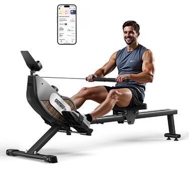 Складаний гребний тренажер ONETWOFIT для домашнього використання, степер для домашнього використання, 16 рівнів безшумного опору, фітнес-обладнання, крос-тренажер вантажопідйомністю 160 кг, сумісний із додатком, чорний