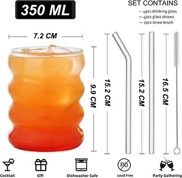 Ребристі склянки для пиття зі скляними соломинками Набір з 4 шт. , склянки для кави з льодом 350 мл, склянки Wave Glasses Tumbler,