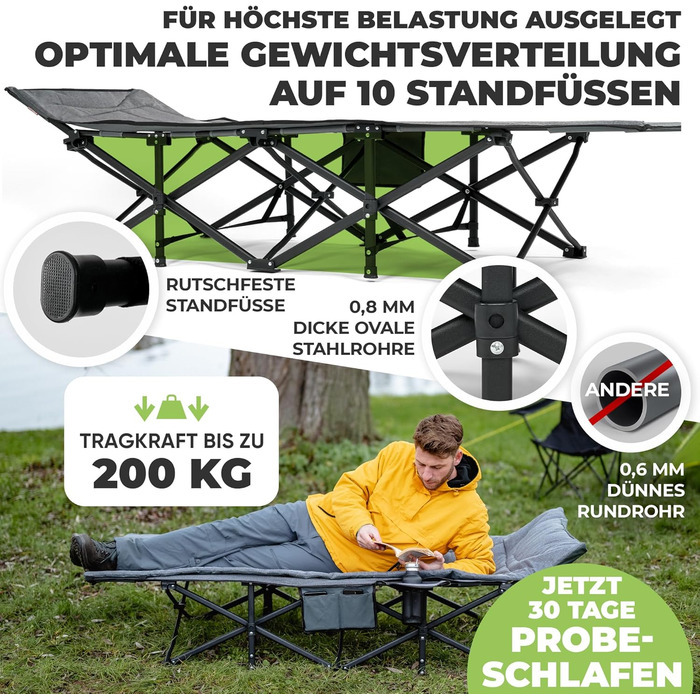 Складане кемпінгове ліжко XXL Зручний кемпінговий шезлонг Складане та легке для гостьового ліжка на вулиці, шезлонга, розкладного ліжка, шезлонга для риболовлі, кемпінгового ліжка для коропа з надм&39яким матрацом та подушкою сірого кольору