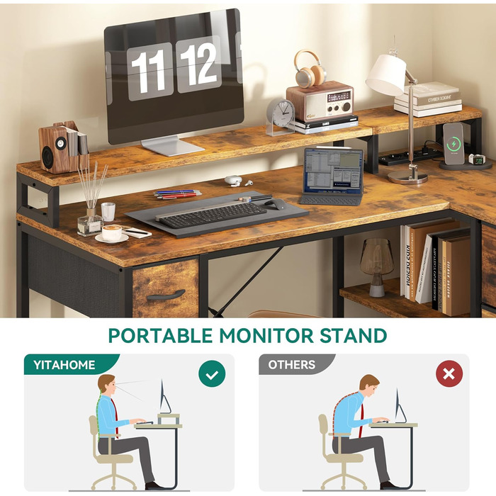 Подібний письмовий стіл із USB-портом для зарядки та розеткою, двосторонній кутовий стіл із 4 шухлядами та полицею, ігровий стіл із підставкою для монітора, 140x100 см, комп&39ютерний стіл для офісу, коричневий