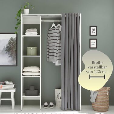 Регульована шафа JENKE біла з тканинною шторою - Універсальна шафа для всього використання з продуманим внутрішнім плануванням - 120-157 x 195 x 50 см (Ш/В/Г)