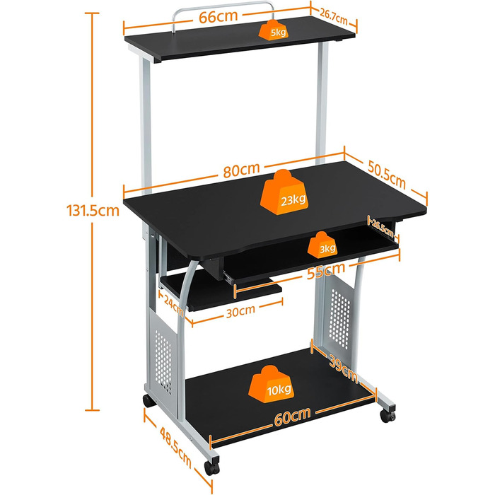 Стіл Yaheetech з полицею для принтера комп'ютерний стіл чорний Стіл для ПК на 4 коліщатках 80 x 50 x 132 см