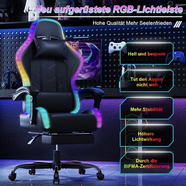 Геймерське крісло Devoko LED ергономічне офісне крісло з функцією масажу та телескопічною підставкою для ніг, регульована спинка (90-135), для геймерів вагою до 150 кг, дизайн, що не турбує очі, насичений чорний колір