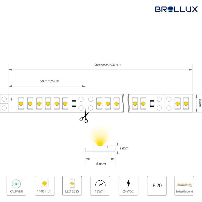 Професійні світлодіодні стрічки Brollux, 7200 люмен, холодний білий, 24 В, 600 світлодіодів, 5 м, стрічка, світлодіодна стрічка, світлодіодна стрічка, світлодіодна стрічка, світлодіодні стрічки, самоклеючі, яскраві, міцні, з регулюванням яскравості