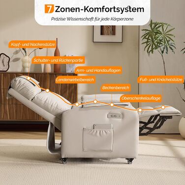 Крісло Bonnlo Recliner, крісло для телевізора, електричне масажне крісло з функцією відкидання, крісло для телевізора, 2-точковий масаж та функція підігріву, порти USB-C та USB-A, 1 бічна кишеня, шкіра, стійка до подряпин, бежевий колір