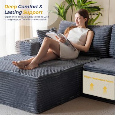 Модульний диван та шезлонг MAXYOYO, диван Cloud без кісток, кутовий диван на 3-4 місця з регульованим положенням ліворуч/праворуч, вельветова оббивка, великий L-подібний розкладний диван для вітальні, складання не потрібне, сірий шезлонг ліворуч