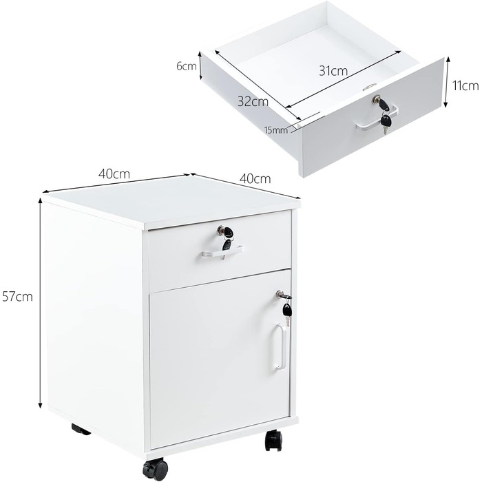 Шафа для документів на колесах із замком, дерев&39яна, з шухлядою та закритим місцем для зберігання, мобільна шафа під столом для паперу та папок формату А4, біла, 1 шухляда 1 дверцята для зберігання