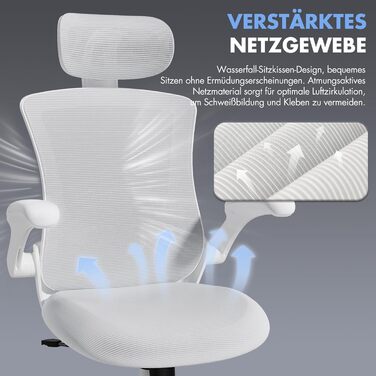 Офісне крісло COLAMY Mesh, комп&39ютерне крісло з регульованим підголівником та поперековою опорою, ергономічне робоче крісло з відкидними підлокітниками, функція нахилу 140, білий класичний колір