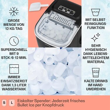 Машина для кубиків льоду Klarstein для домашнього кемпінгу Gastro, швидка міні-машина для кубиків льоду маленька, професійна льодогенератор для великих і маленьких кубиків льоду, самоочищення, резервуар для води 1,3 л, 12 кг льоду за 24 години чорний