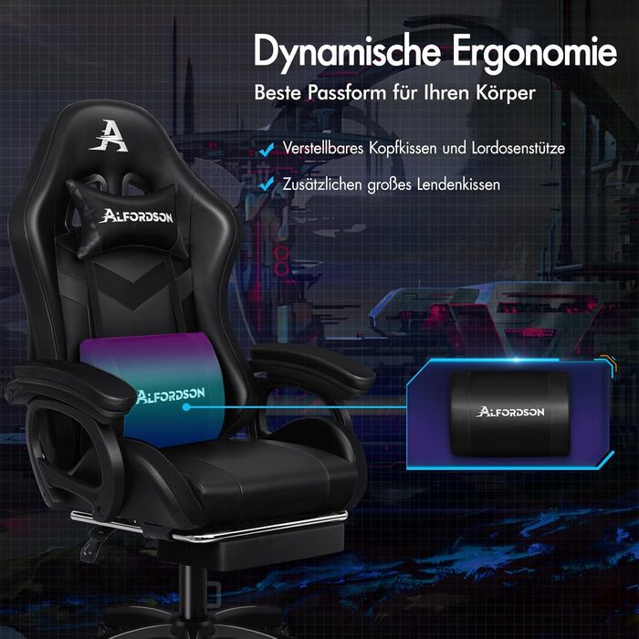 Ігрове крісло ALFORDSON, гоночне ігрове крісло зі світлодіодним RGB-підсвічуванням, масажне комп&39ютерне крісло з підставкою для ніг, ергономічне поворотне крісло з важільною спинкою, чорне