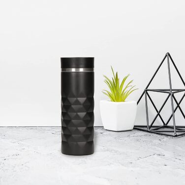 Термокружка Elasto Premium з нержавіючої сталі з кнопкою 450 мл Герметична кришка Гаряча та холодна Без BPA Термокружка для кави з собою з діамантами Матовий блиск Чорний онікс