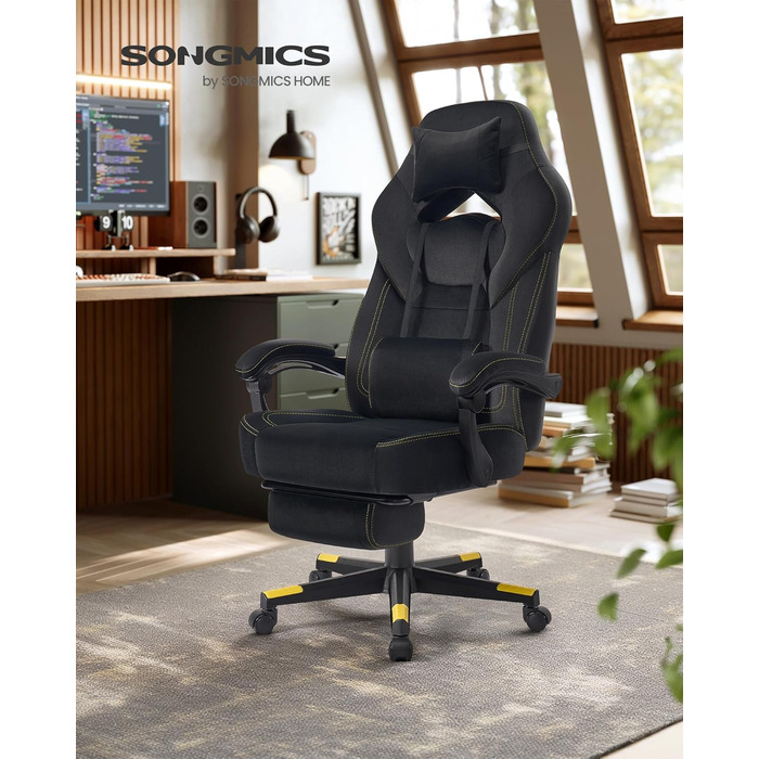 Ігрове крісло SONGMICS, офісне крісло, комп&39ютерне крісло, ергономічний дизайн, з підставкою для ніг, регульований підголівник, поперекова опора, вантажопідйомність 150 кг, чорний колір OBG077B08, оксамитова тканина чорного кольору