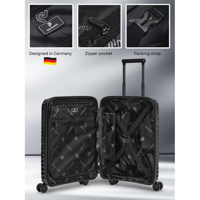 Ультралегка валіза для ручної поклажі з твердою оболонкою Маленький візок для ручної поклажі 39 x 20 x 55 см 41 літр Поліпропілен та TSA лише 2,25 кг (Колекція 02) Чорна металева валіза S (55 см)