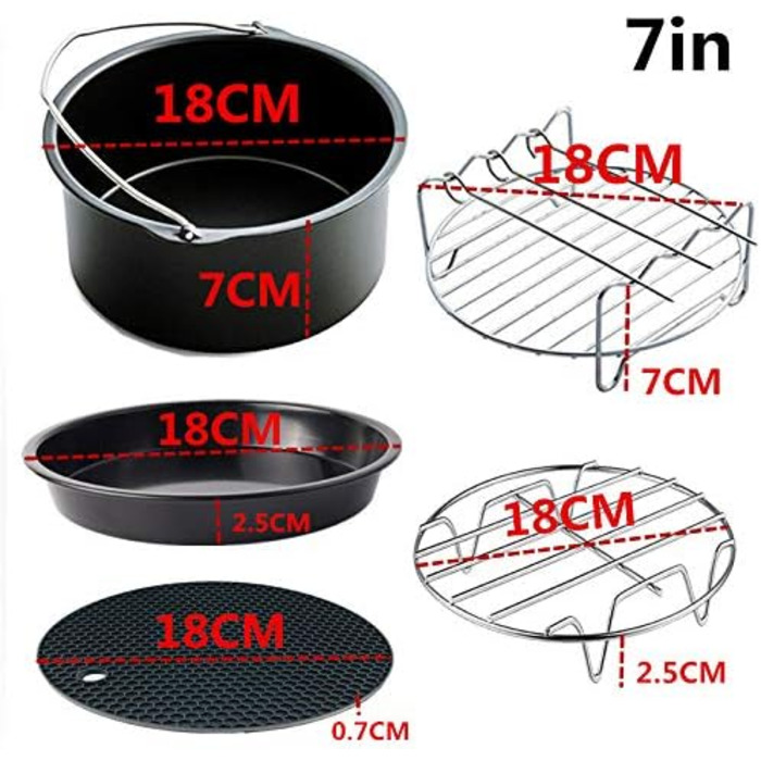 Аксесуари для фритюрниці 18 см, аксесуари для фритюрниці з 7 частин із кулінарною книгою рецептів, для фритюрниць XL 3.5 л-4.5 л більшості брендів, без бісфенолу А, можна мити в посудомийній машині, 7 дюймів