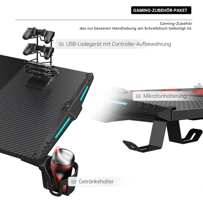 Ігровий стіл EUREKA ERGONOMIC, 140 x 60 см, МДФ / сталь / вуглецеве волокно, чорний