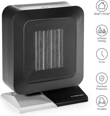 Керамічний вентилятор-обігрівач TROTEC TFC 13 E Теплова потужність 700 Вт / 1400 Вт Електричний обігрівач з термостатом, розмір приміщення від 20 м до 50 м, чорний 1400 Вт Чорний