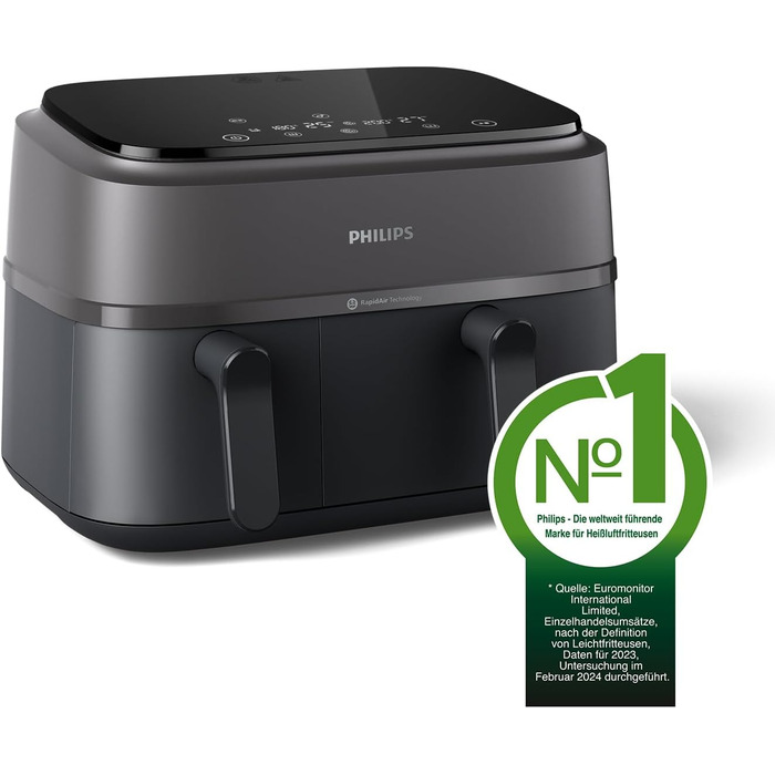 Мультипіч Philips із подвійним кошиком серії 3000, 9 л, 2 шухляди, функція синхронізації, технологія Rapid Air, універсальна велика фритюрниця, на 90 менше жиру та енергозбереження, додаток HomeID (NA350/00)