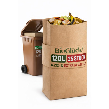 Пакети для органічних відходів BioGlck 120 л 25 шт. для контейнера для органічних відходів Надзвичайно стійкі до розривів та вологостійкі Надійно зберігають контейнер чистим та сухим 25 шт. (1 упаковка)