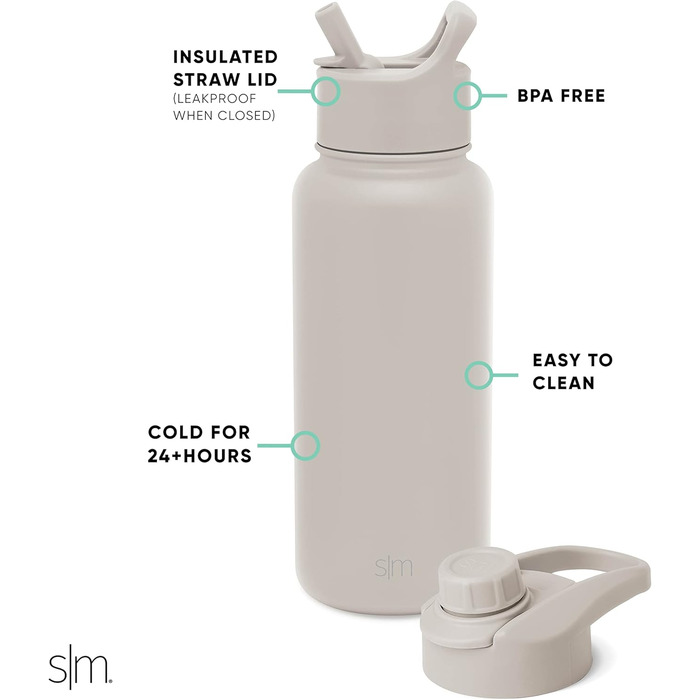 Проста сучасна пляшка для пиття з трубочкою та кришкою Ізольована пляшка для води з нержавіючої сталі для спорту та тренажерних залів Summit 950 мл Мигдаль Береза 946 мл - Мигдаль Береза