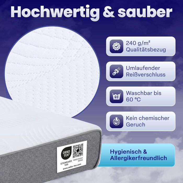 Матрац Arensberger LINA 160x200 см, висота 11 см Гелева піна NANOCELL Середньої жорсткості H3 Преміальний чохол 240 г/м Можна прати при 60C Матрац з холодної піни 160x200 Рейтинг 1.1 Сертифіковано Oeko-Tex 160 x 200 см 11 см