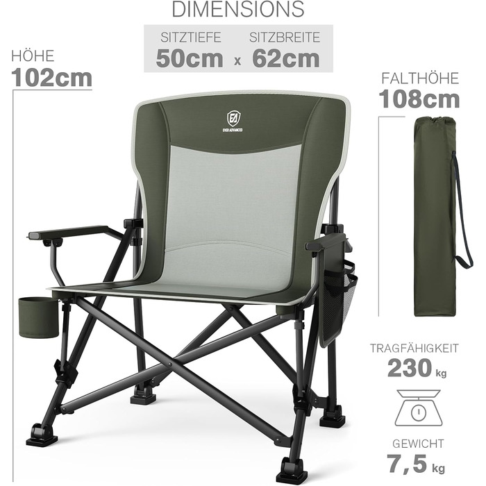 Складаний кемпінговий стілець EVER ADVANCED, вантажопідйомність 230 кг, XL-розмір, ширина сидіння 62 см з бічною кишенею та тримачем для напоїв, великий складний стілець, рибальський стілець для кемпінгу, використання на вулиці, балкон, сад, зелений, клас