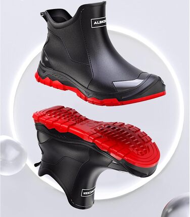 Водонепроникні гумові чоботи Pangolin до щиколотки, чоботи-челсі з ПВХ для саду та щоденного використання, нековзка гумова підошва з протектором, короткі гумові чоботи для жінок та чоловіків, чорно-червоні, EU 45