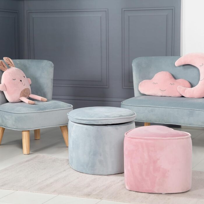 Дитячий стілець roba Lil Sofa з місцем для зберігання - Овальний стілець з блакитної оксамитової тканини - М&39який пуф для дитячих кімнат - Висота сидіння 27 см Овал Світло-блакитний/Небесно-коричневий