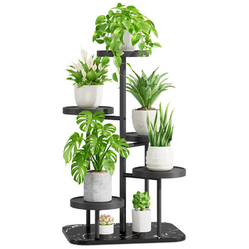 Рівнева підставка для рослин з металу та пластику, підставка для квітів, полиця для рослин, підставка для рослин на вулиці, багаторівнева підставка для рослин для приміщень, для використання на вулиці, для вітальні, балкону, тераси, подвір&39я (чорна), 5-