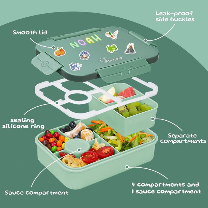 Ланчбокс дитячий Bugucat з роздільниками 1300 мл 16 наклейок, герметичний, з набором столових приборів, для дітей та дорослих, темно-зелений