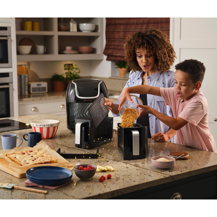 Двокамерна фритюрниця Russell Hobbs 2 відділення кожне 4,25 л, можна використовувати лише окремо, загальний об'єм 8,5 л Технологія швидкої фритюрниці (8 програм, можна мити в посудомийній машині, сенсорний екран) Аерофритюрниця 27290-56S