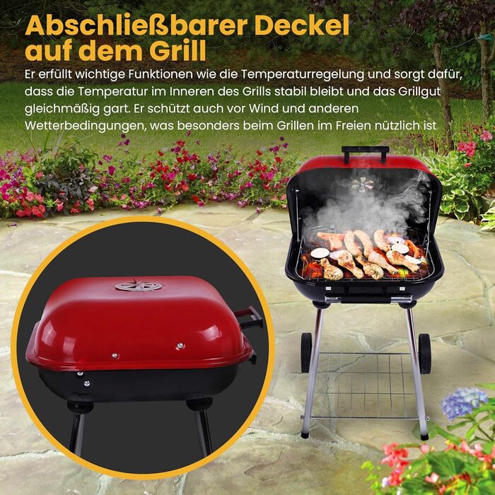 Мобільний вугільний гриль з кришкою на замок та нижньою полицею, на колесах для саду та відпочинку на природі, стаціонарний гриль, кемпінговий гриль, нержавіюча сталь