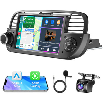 Автомагнітола для Fiat 500 2007-2015 з бездротовим Carplay та головним пристроєм Android Auto, 232 ГБ 7-дюймовий IPS HD сенсорний екран з GPS-навігацією/голосовим керуванням/WiFi/SWC/Bluetooth 5.2/FM/камерою заднього виду, чорний колір