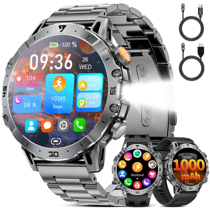 Розумний годинник SUNKTA для чоловіків, великий акумулятор 1000 мАг, 1,7-дюймовий HD-дисплей, Bluetooth-дзвінки, сумісний з iOS та Android, зі світлодіодним ліхтариком, пульсометром/монітором сну/крокоміром, сірий, включає 3 браслети та 2 зарядні пристрої