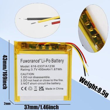 Акумулятор A1236 616-0337 ємністю 450 мАг 3,7 В, сумісний з iPod Nano 3rd G3 4 ГБ 8 ГБ 616-0311, 616-0333, музичним плеєром та відеоплеєром, літій-полімерний акумулятор ємністю 1,67 Втгод